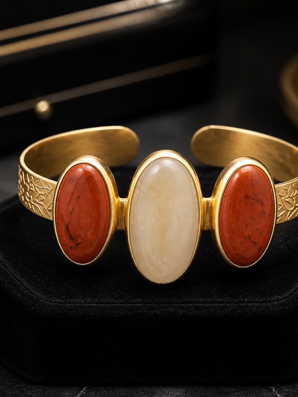Gold Cuff Bracelet with Red Jasper and Cream Stone